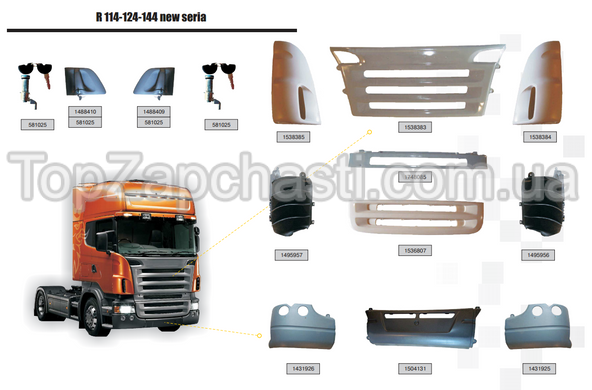 Кузовные детали Scania R 114 - R 124 - R 144 (version 5 seria) (5 страниц с номерами) указывайте в заказе номер необходимой запчасти