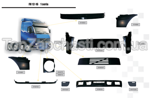 Кузовні деталі Volvo FH 12 - FH 16 (version 1 seria) (4 сторінки з номерами) , вказуйте в замовленні номер необхідної запчастини