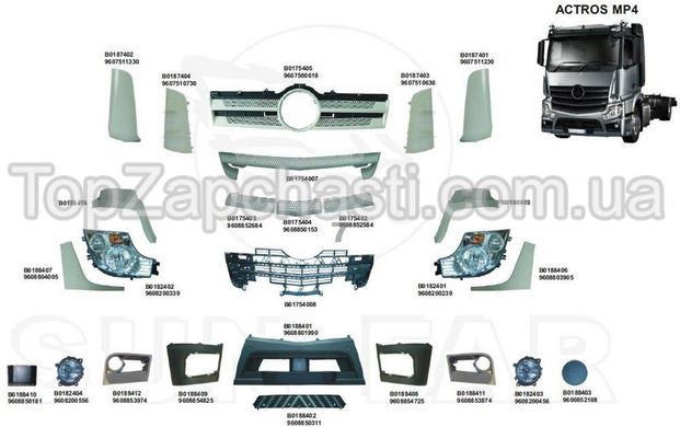 Кузовні деталі Mercedes Actros MP 4 (4 сторінки з номерами) , вказуйте в замовленні номер необхідної запчастини