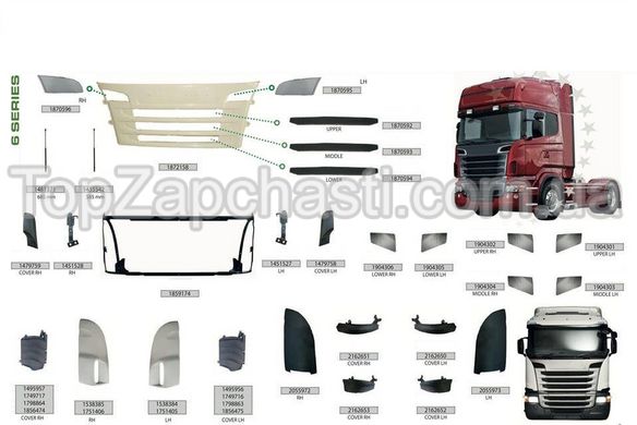 Кузовные детали Scania R 114 - R 124 - R 144 (version 6 seria) (9 страниц с номерами) , указывайте в заказе номер необходимой запчасти