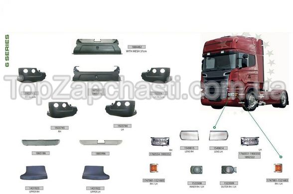 Кузовные детали Scania R 114 - R 124 - R 144 (version 6 seria) (9 страниц с номерами) , указывайте в заказе номер необходимой запчасти
