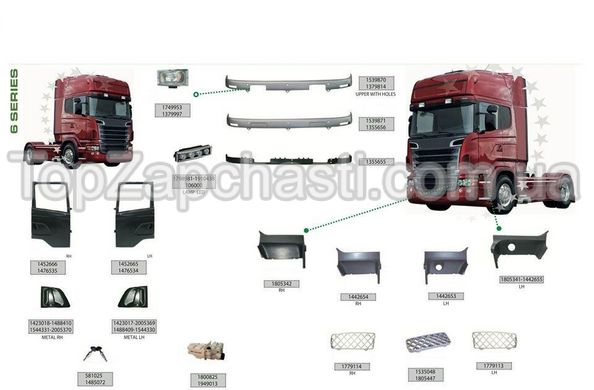 Кузовні деталі Scania R 114 - R 124 - R 144 (version 6 seria) (9 сторінок з номерами) , вказуйте в замовленні номер необхідної запчастини